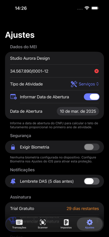 Tela de ajustes com Face ID, lembretes do DAS e exportação de dados