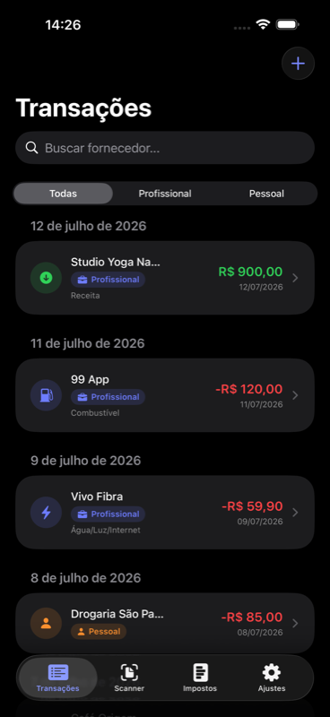 Tela do MEIpronto com a lista de receitas e despesas