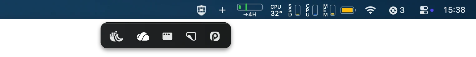 Menu bar do macOS com um painel escuro abaixo, exibindo os ícones escondidos pelo MenubarHide