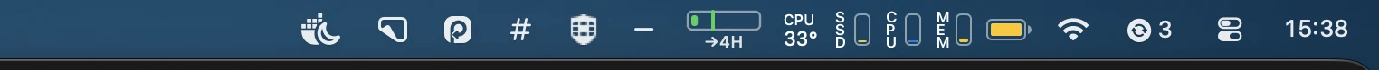 Menu bar do macOS expandida, com os ícones escolhidos à esquerda do separador