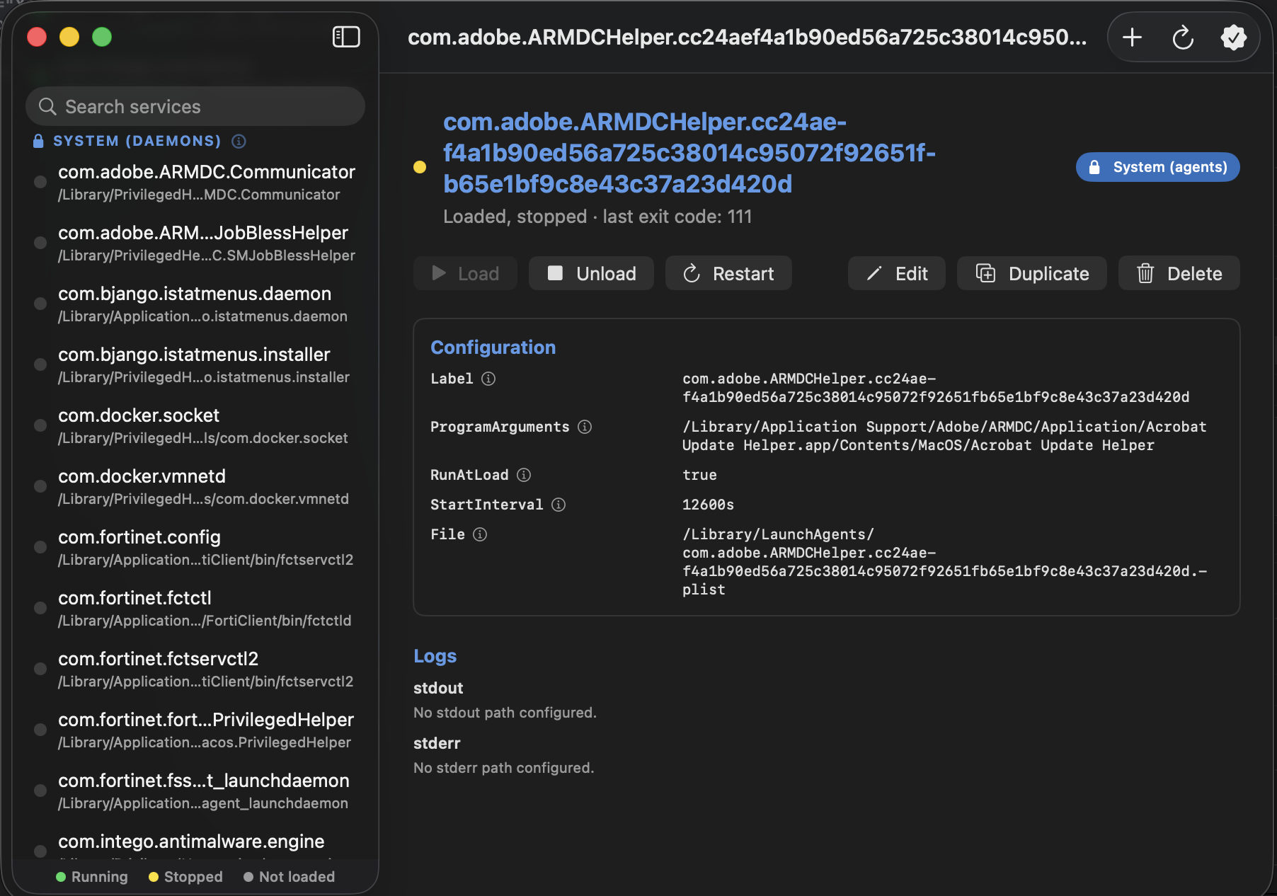YourLaunch main window showing grouped services in the sidebar and a service detail with configuration and logs