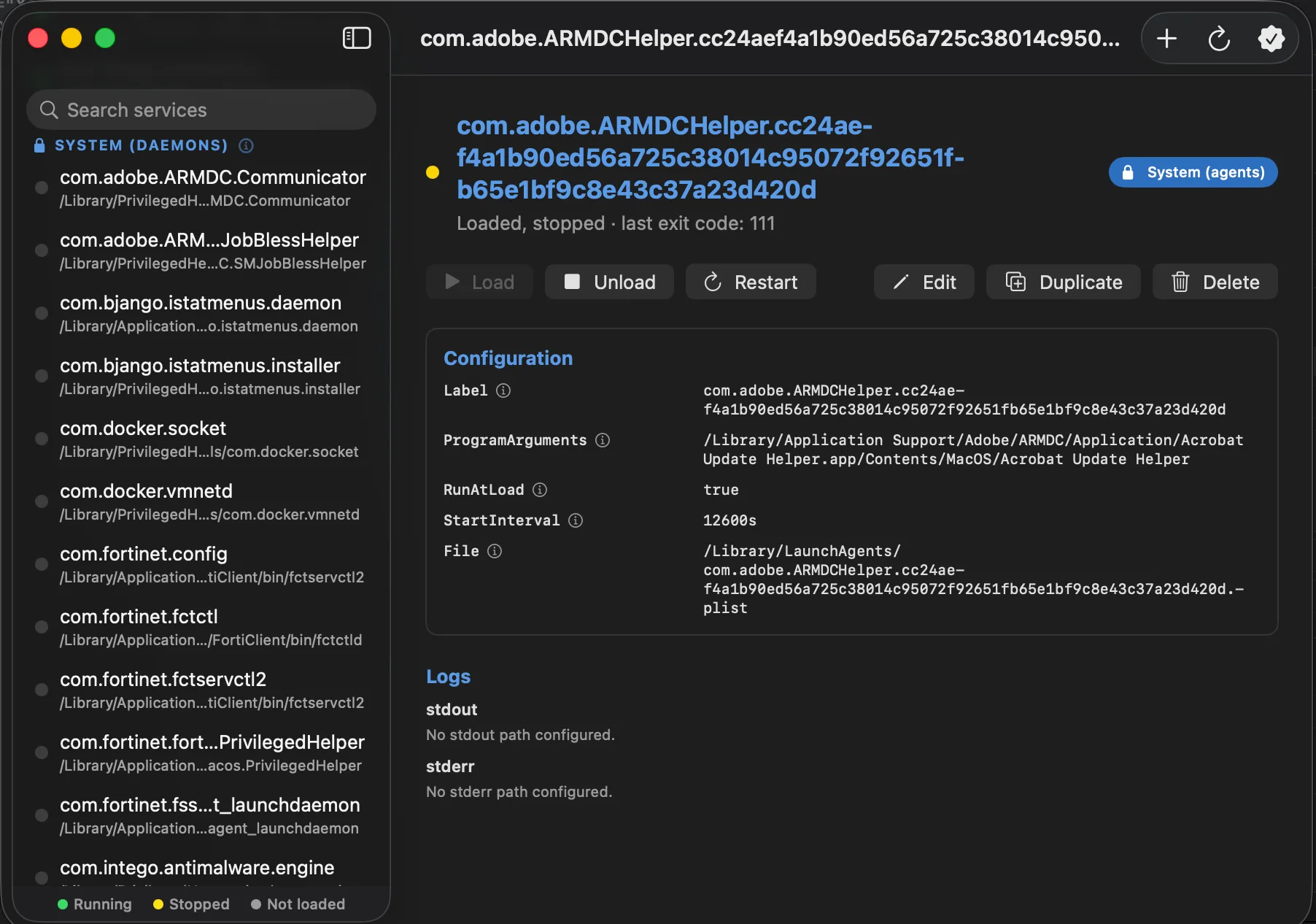 YourLaunch main window showing grouped services in the sidebar and a service detail with configuration and logs