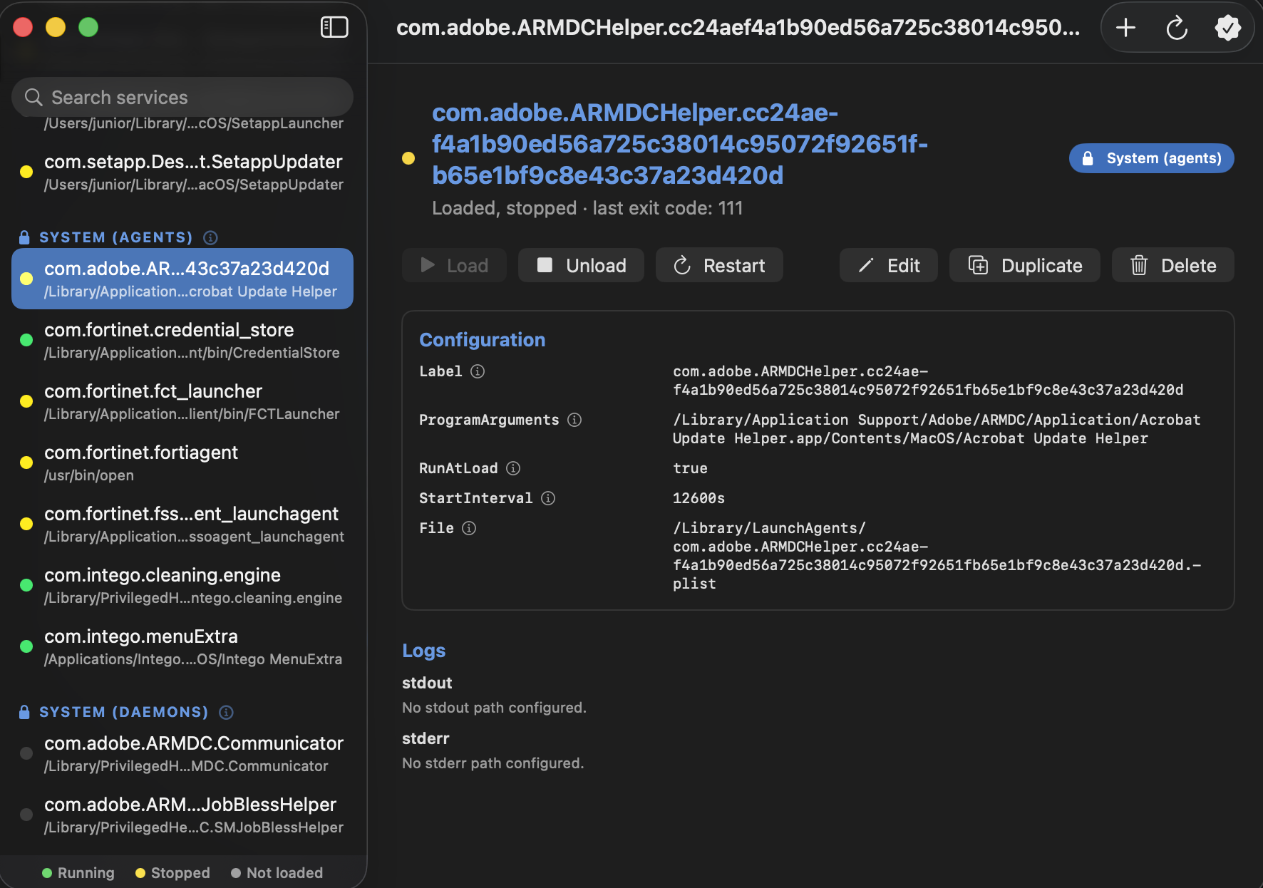 System agents grouped in the sidebar with a service detail showing label, program arguments and schedule