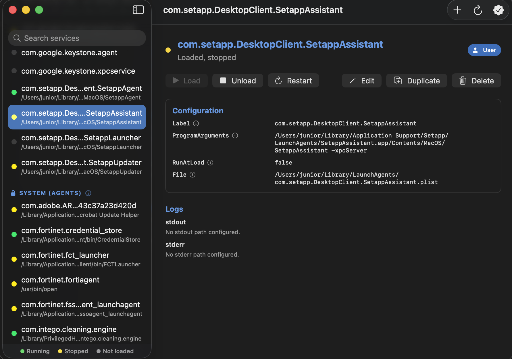 User agent detail with configuration fields and stdout and stderr log panels
