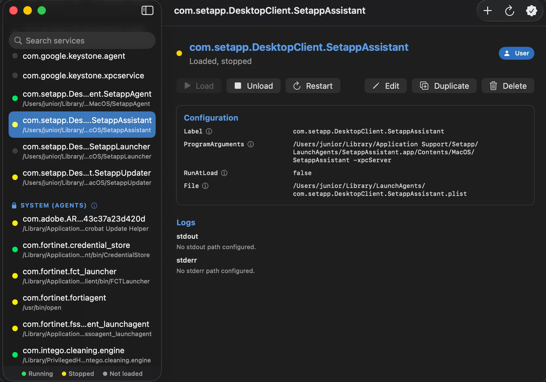 User agent detail with configuration fields and stdout and stderr log panels