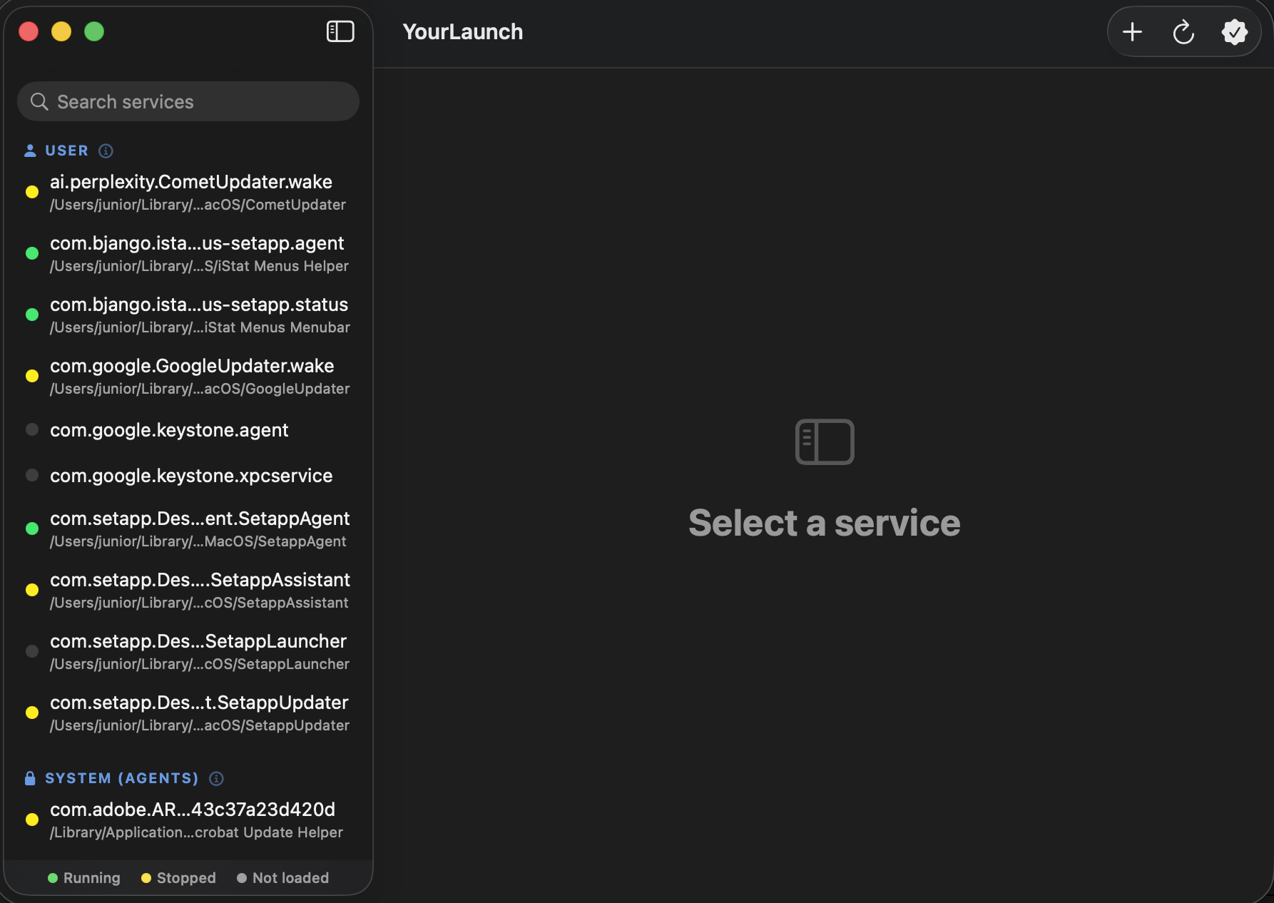 User, system agent and daemon services grouped in the sidebar with running and stopped status