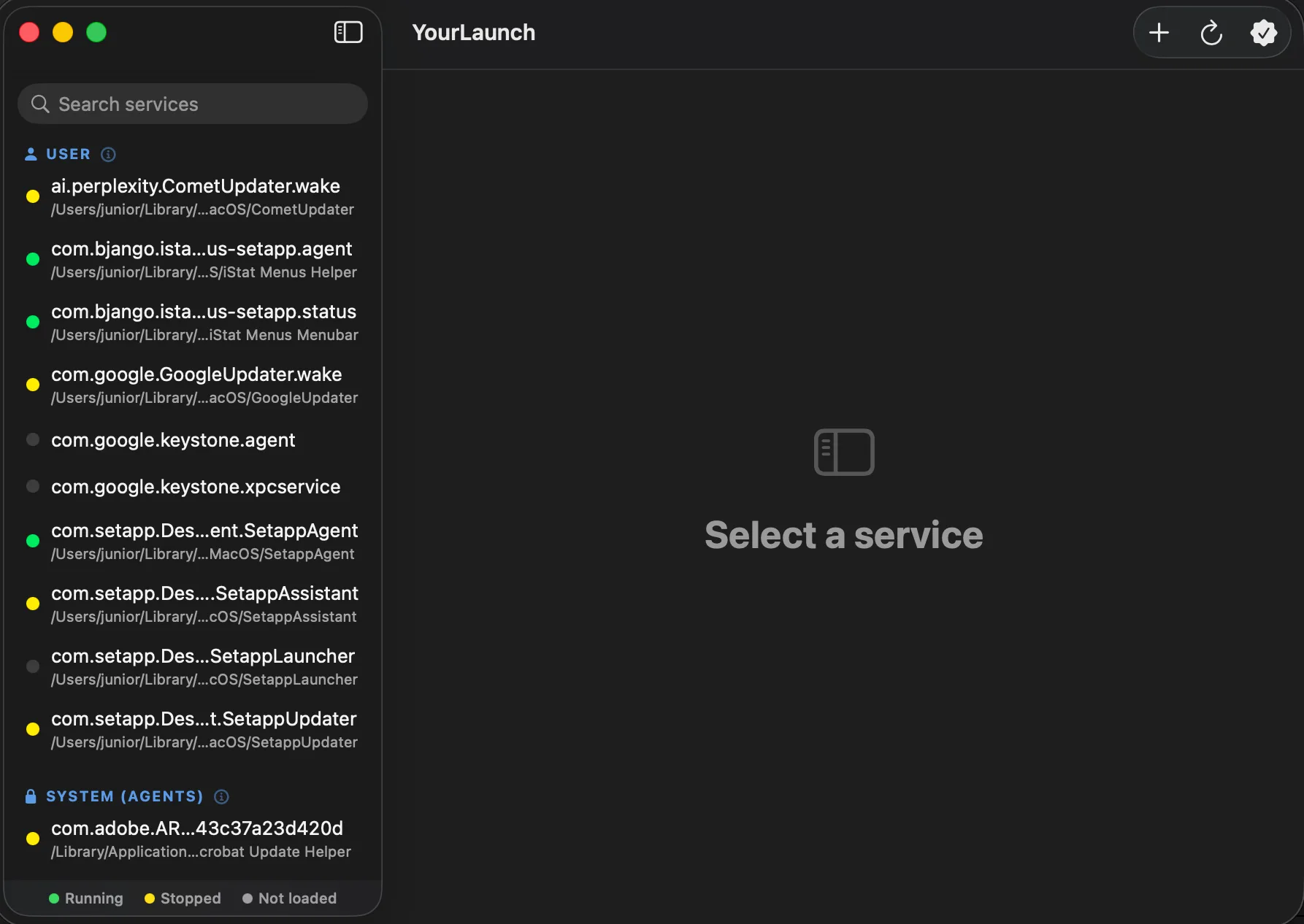 User, system agent and daemon services grouped in the sidebar with running and stopped status