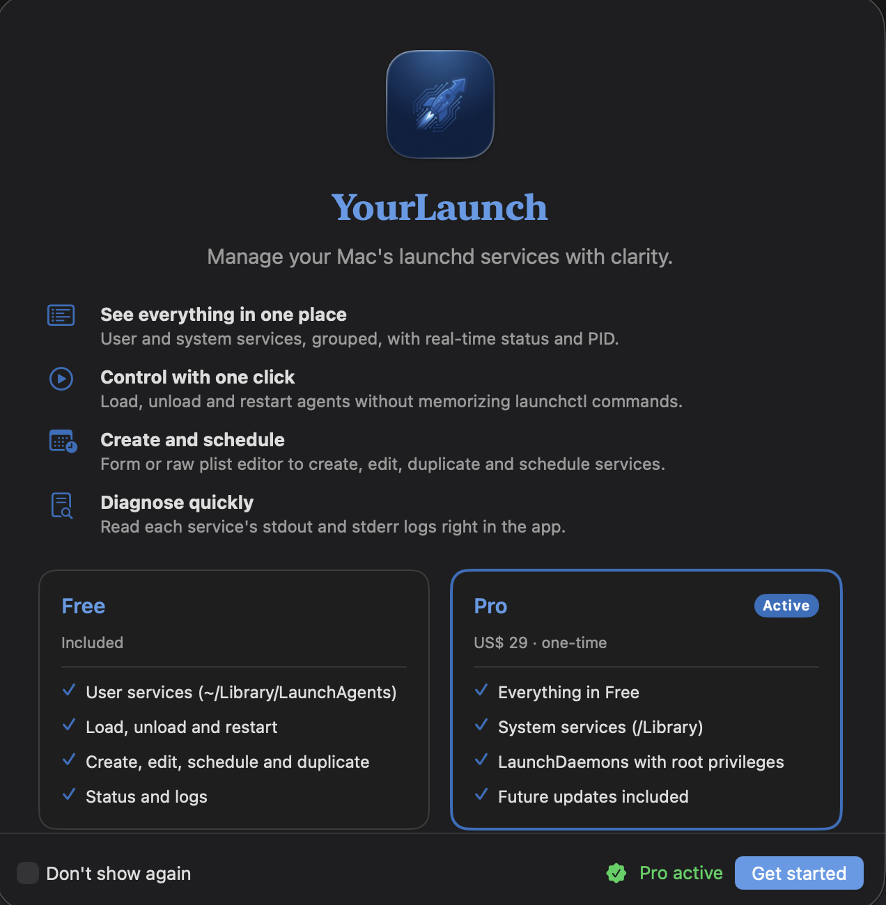 Welcome screen comparing the Free and Pro plans