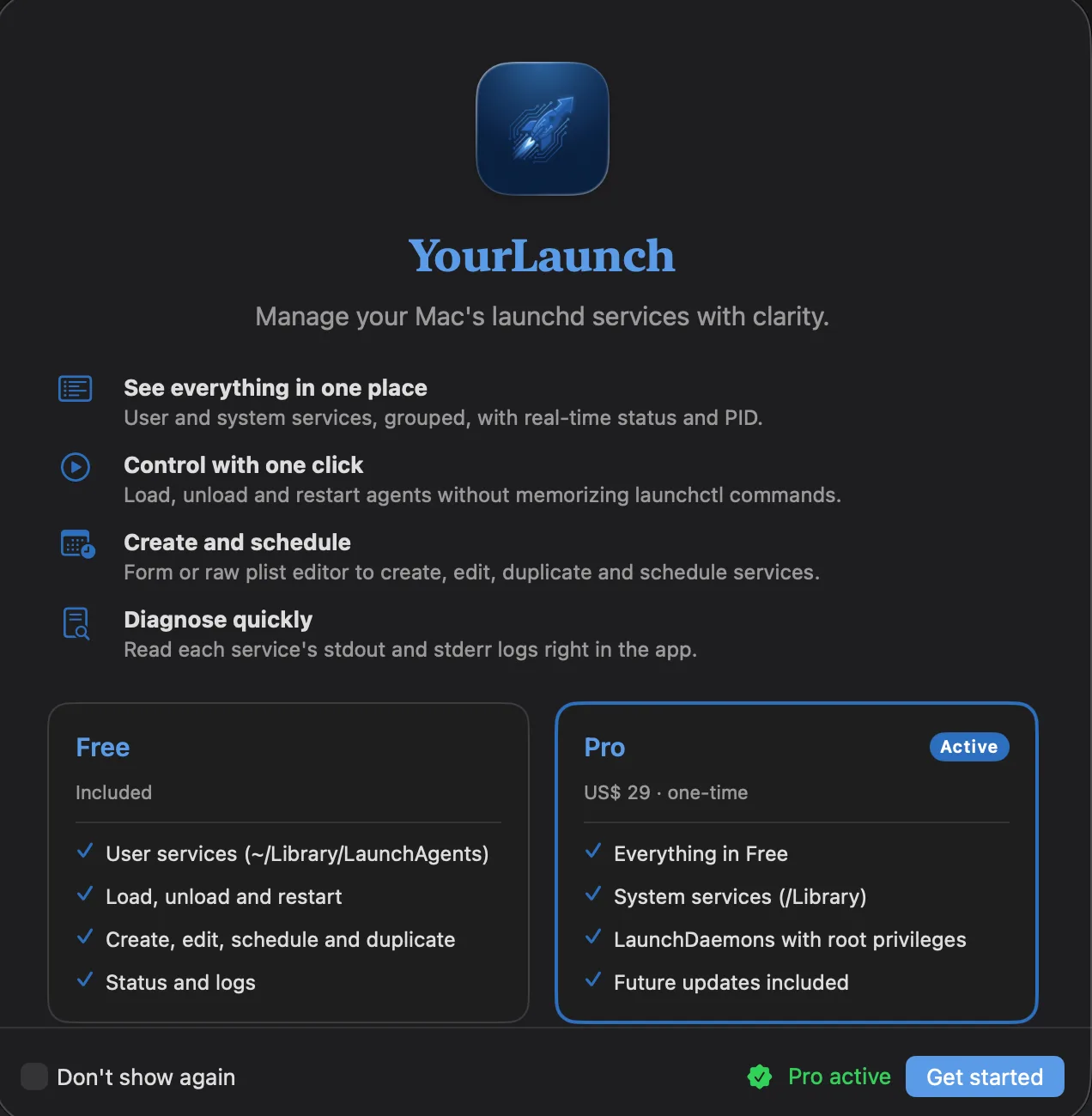 Welcome screen comparing the Free and Pro plans